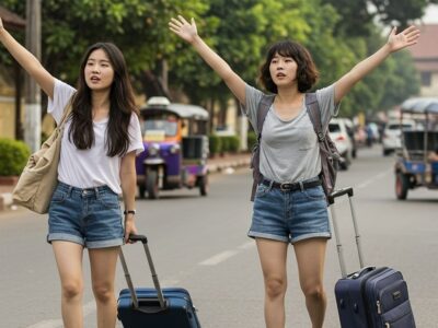 라오스 자유여행 중 거리에서 택시를 기다리는 여헝 여행자