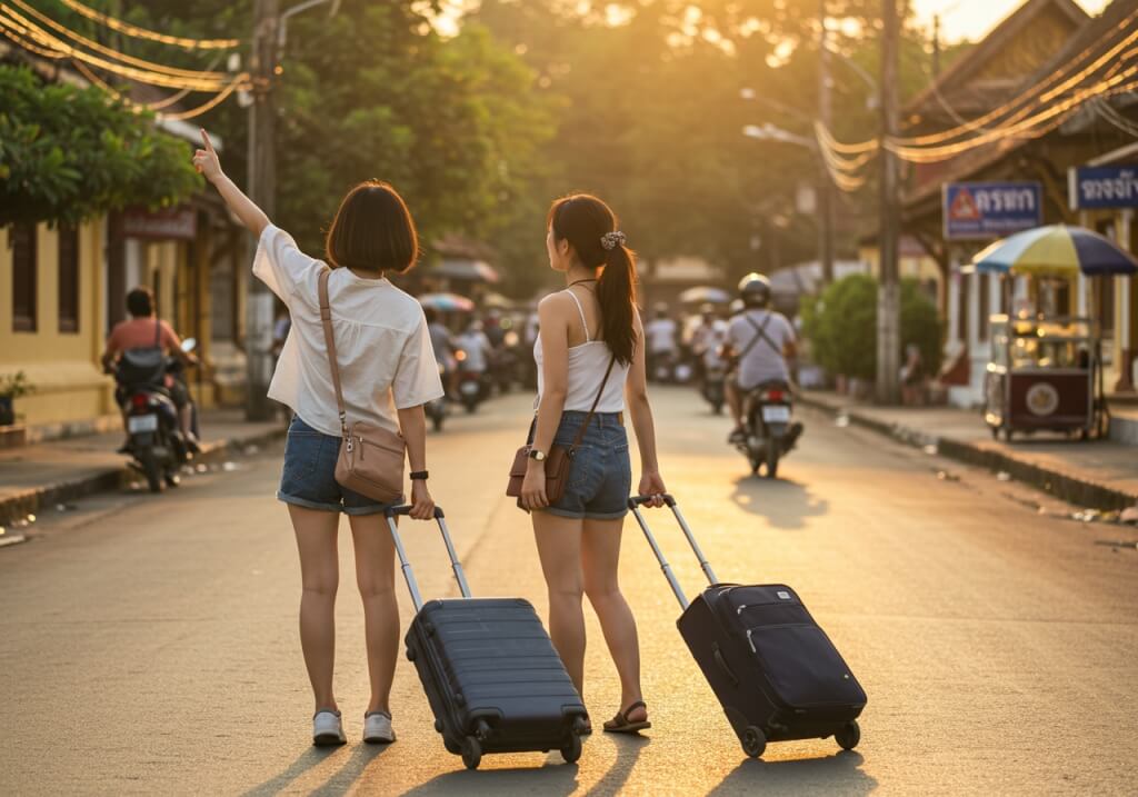 라오스 자유여행 중 비엔티안 거리를 걷는 한국 여성 여행객 